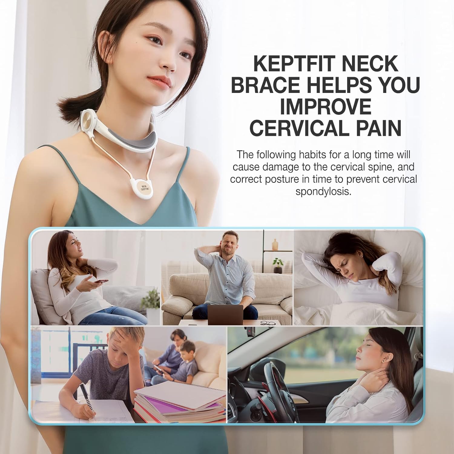 Neck Brace for Cervical Pain Relief, KEPTFIT Cervical Neck Traction Device, Neck Stretcher Cervical Traction, Helps Correct Forward Head Posture, While Easy to Wear, Adjustable, Breathable (Large)