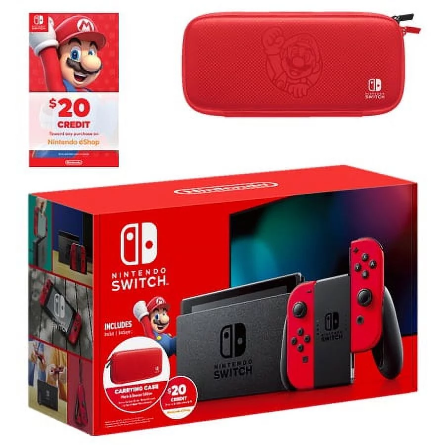 Nintendo Switch Bundle with Mario Red Joy-Con, $20 Nintendo eShop Credit, & Carrying Case - Curated Treasures Market