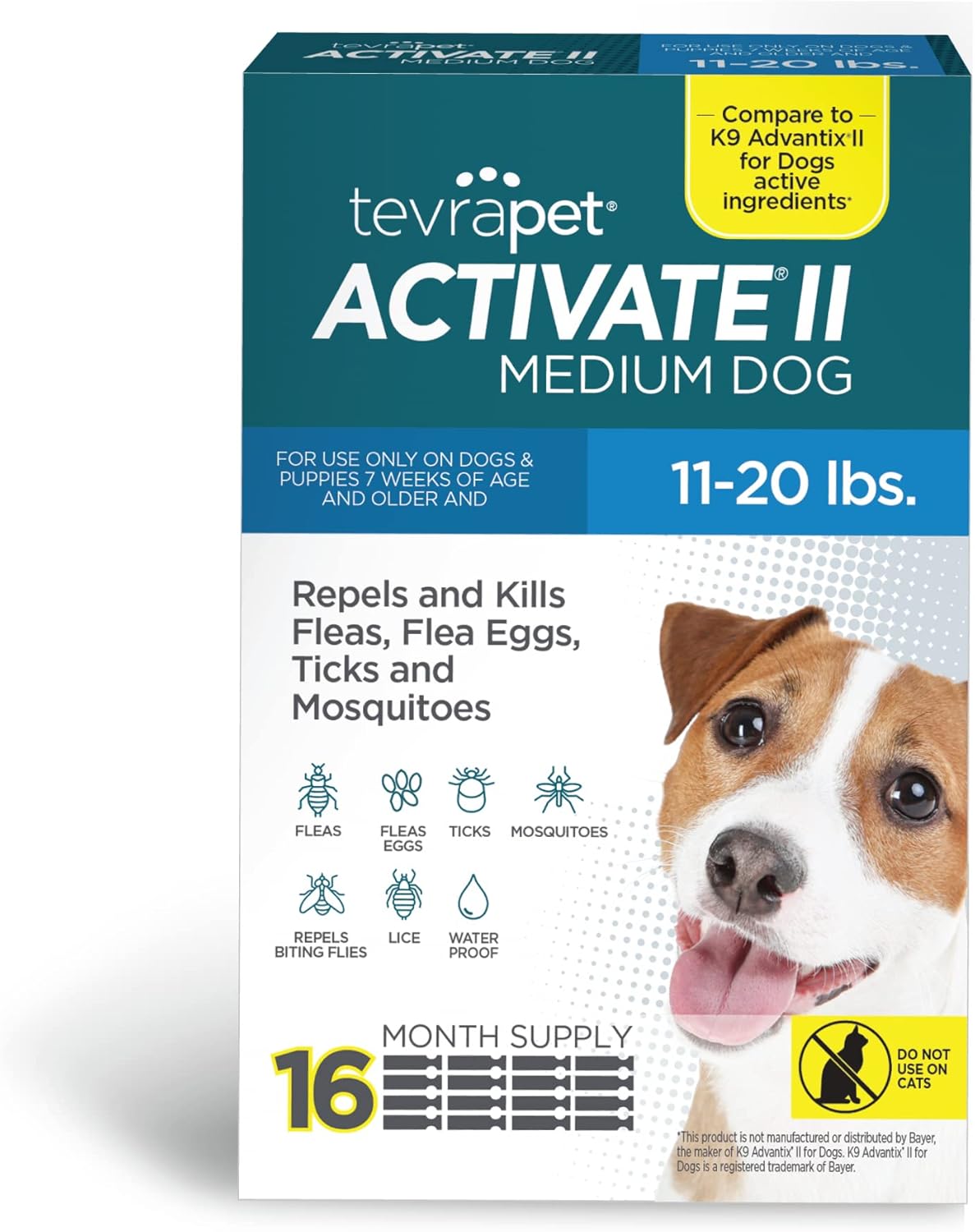 TevraPet Activate II Flea and Tick Prevention for Dogs | Medium 11-20 lbs | 16 Monthly Doses | Fast Acting Treatment | Repels Mosquitoes