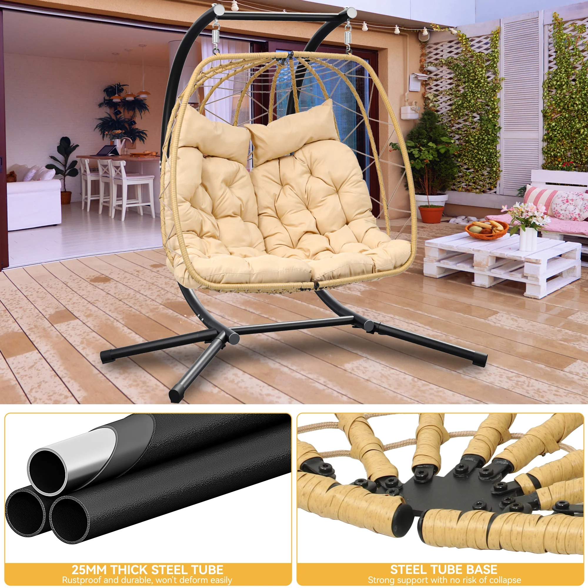 Dextrus Hanging Egg Swing Chair with Stand Double Egg Chair 2 Person Wicker Chair Indoor Outdoor Hammock Egg Chair with Cushions 500lbs for Patio, Bedroom, Garden and Balcony, Beige