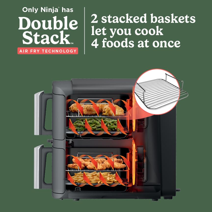 Ninja Air Fryer, 8 QT DoubleStack 2-Basket, Space Saving Design, Cooks 2lb Chicken Wings, Feeds up to 6 People, 6-in1 Air Fryer, Roast, Bake & More, Easy to Clean, Dishwasher Safe Parts, Black, SL201