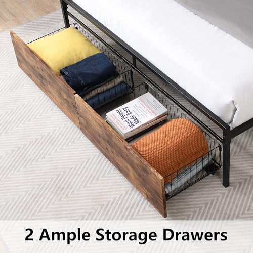 Queen Bed Frame with Headboard & Charging Station, Upholstered Platform Bed Frame with 2 Storage Drawers, Sturdy Wooden Slats Support/No Box Spring Needed/Noise Free/Easy Assembly/White