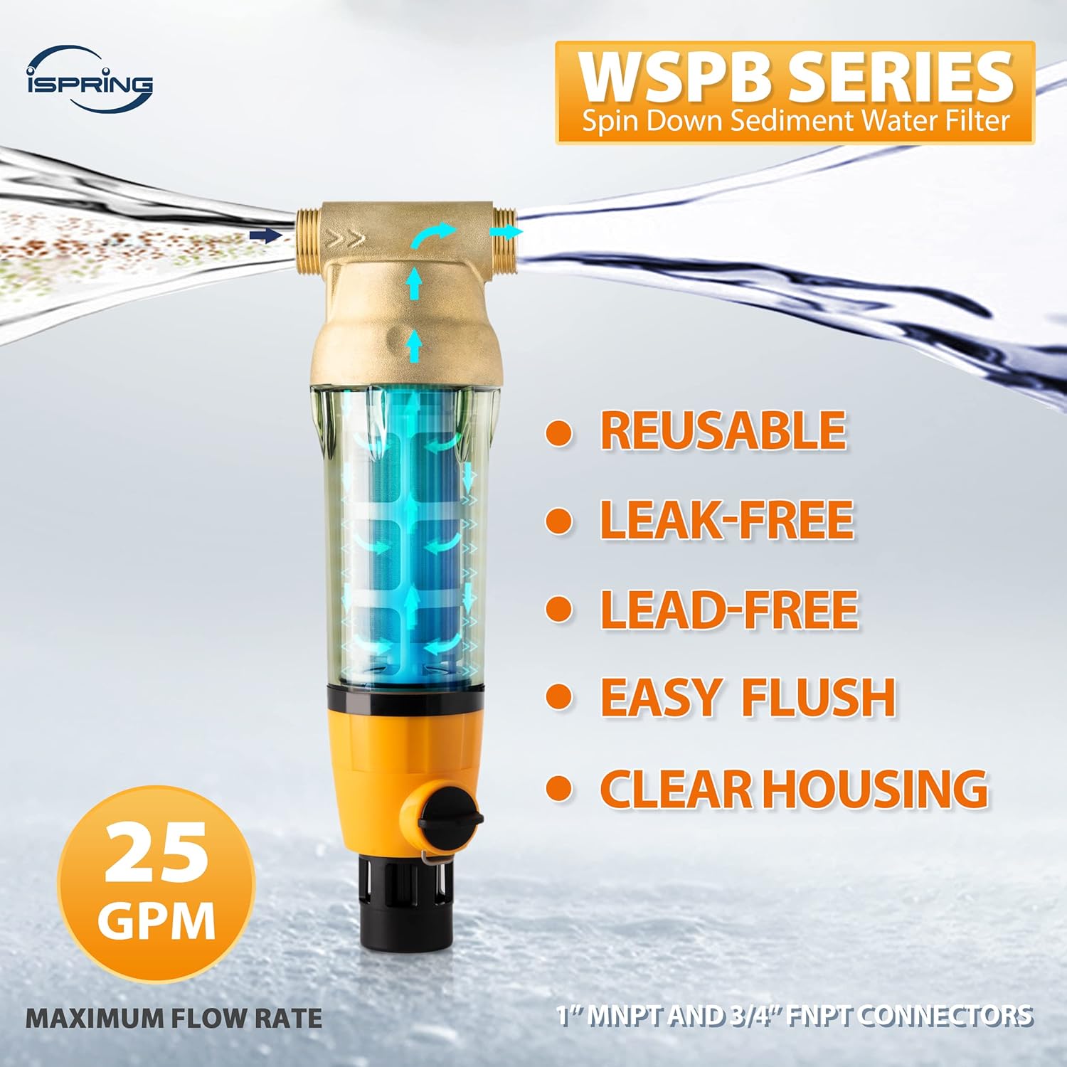 iSpring WSP100B Large Reusable Whole House Spin Down Sediment Water Filter with Built-in Housing Scraper and Brass Top Clear Housing, 100 Micron