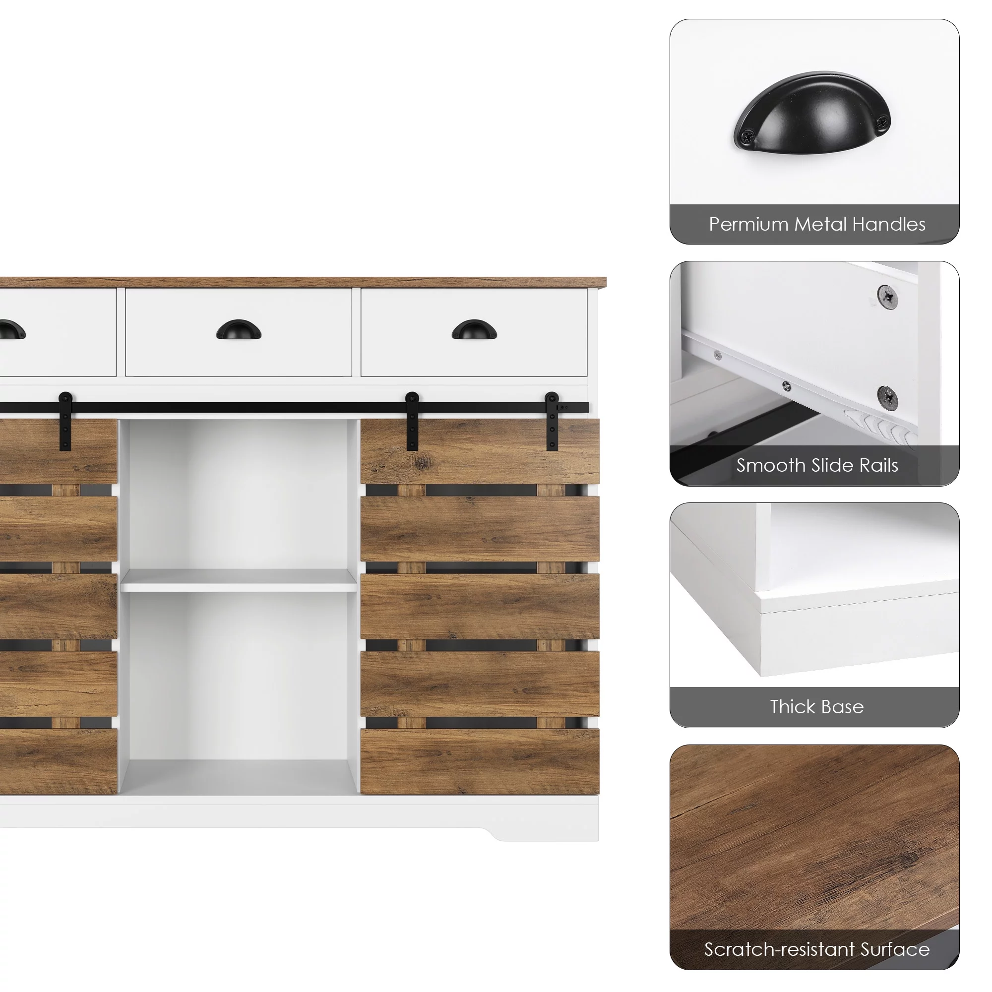 Homfa 47.2‘’ Kitchen Buffet Cabinet, 3 Drawers Farmhouse Coffee Bar Sideboard with 2 Sliding Barn Doors, White