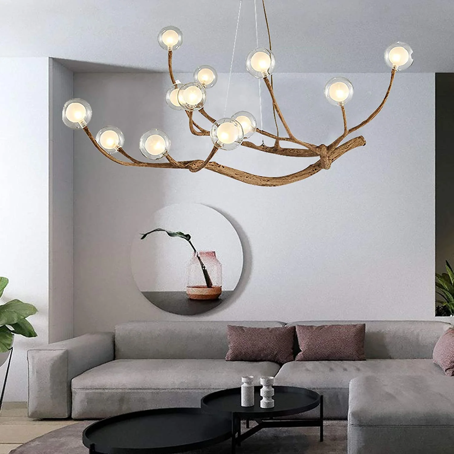 Miumaeov Modern Wood Branch Chandelier, 12 Lights Glass Bubble LED Pendant Ceiling Light, Adjustable Hanging Vintage Flush Mount Ceiling Light Fixture