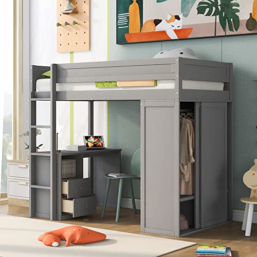 Full Size Loft Bed with Storage Wardrobe and Desk Wooden Loft Beds Frame with Drawers and Cabinet Wood High Loft Beds with Ladder for Kids Teens Adults, White