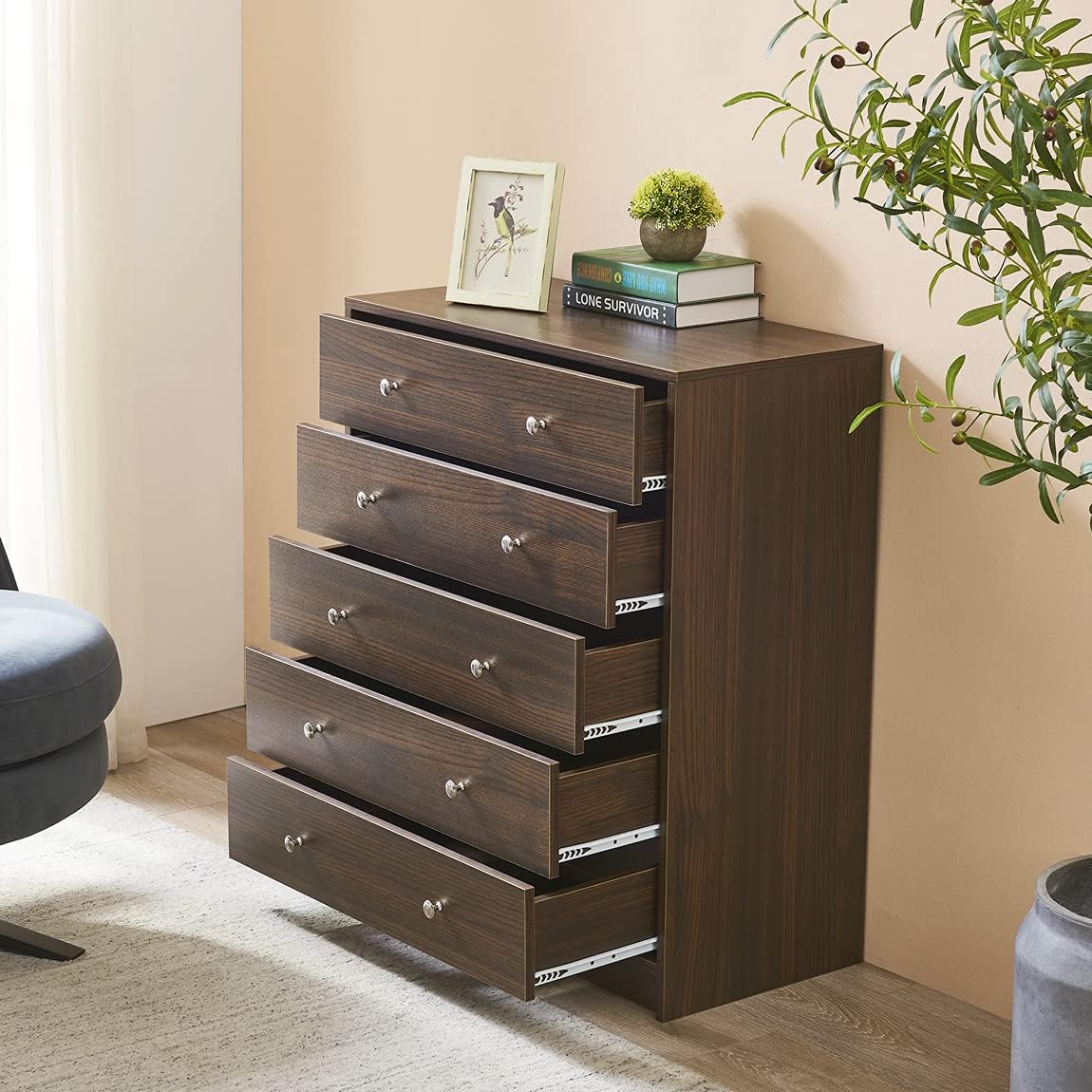Generic Dresser with 5 Drawers, Modern Chest of Drawers Wood Cabinet with Storage Space, Organizer Unit with Solid Wood Frame for Living Room, Bedroom, Entryway, Closet, White, 5 Dresser