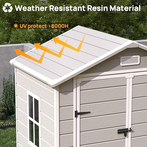 6x6FT Resin Outdoor Storage Shed, Plastic Garden Shed with Floor, Lockable Door & Window, Waterproof Tool Shed for Bike, Garbage Can, Lawn Mower, Patio Furniture Grey White