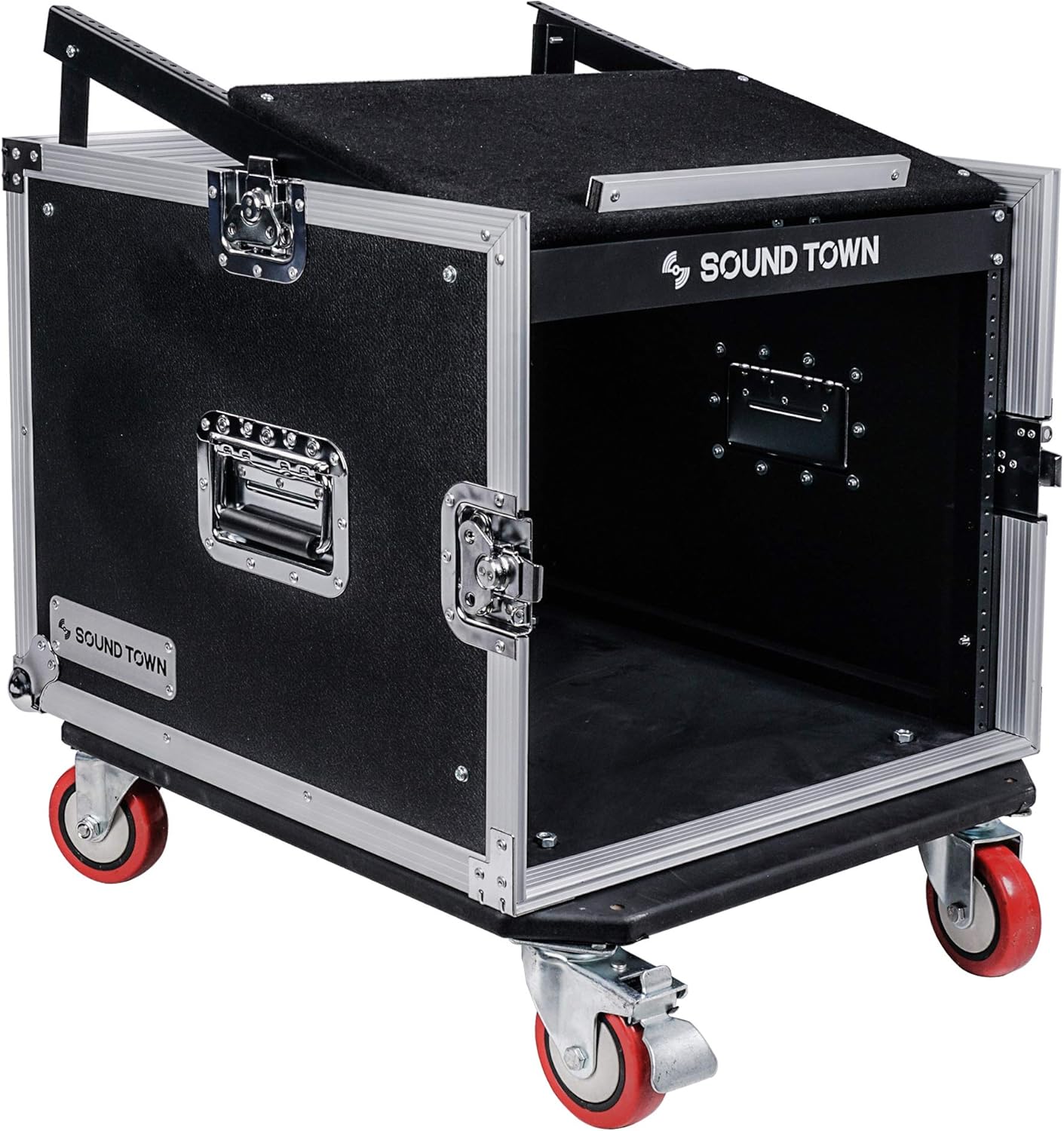 Sound Town 8U PA DJ Pro Audio Rack/Road ATA Case with 13U Slant Mixer Top, 23.5’’ Rackable Depth and Casters, 8 Space Size, Pro Tour Grade (STMR-8UW)