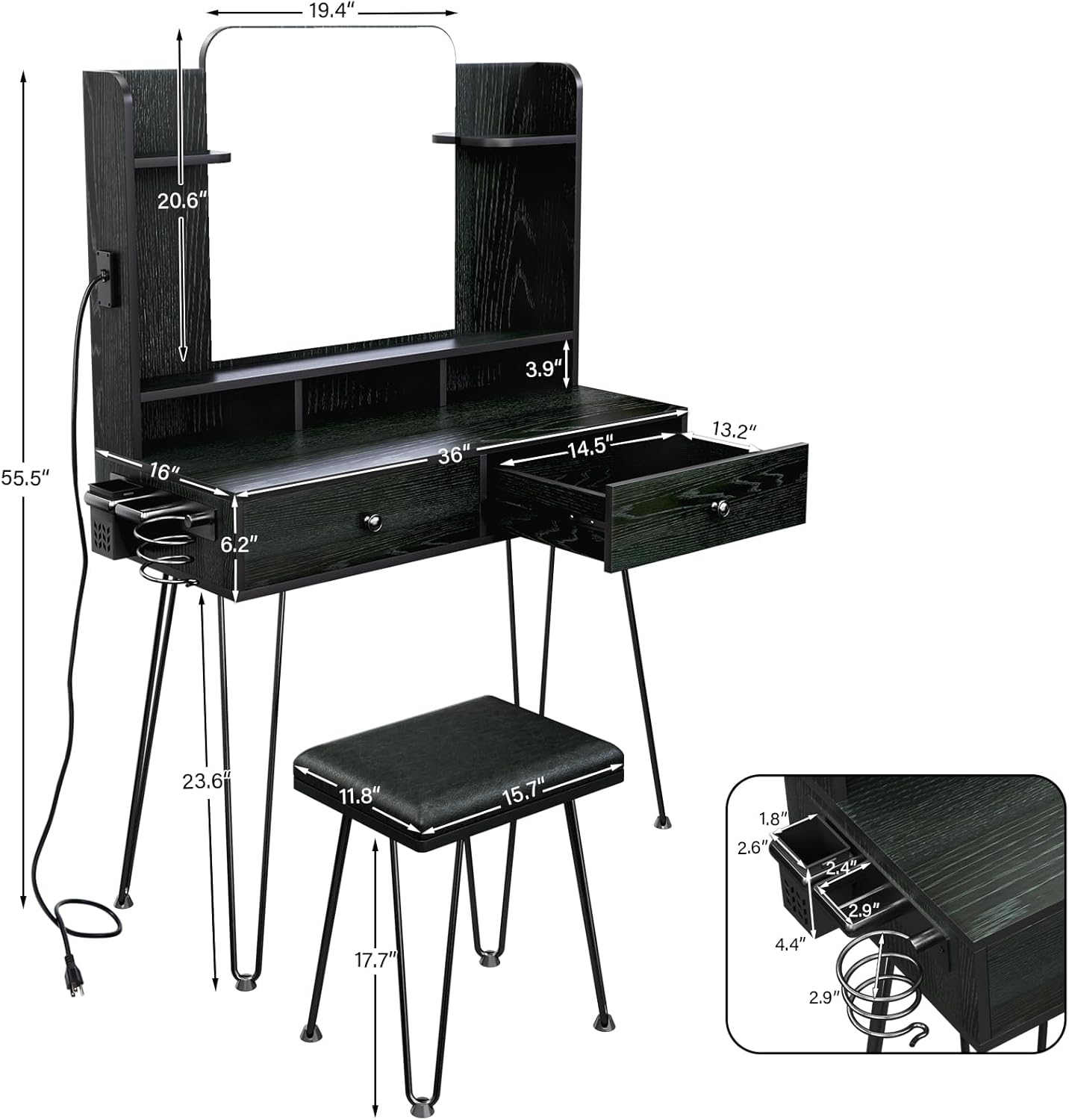 TC-HOMENY Makeup Vanity with Charging Station, Vanity Desk with 2 Drawers and Mirror, Black Vanity Desk Storage Shelves and Cushioned Stool, Vanity Table with Metal Hairpin Legs