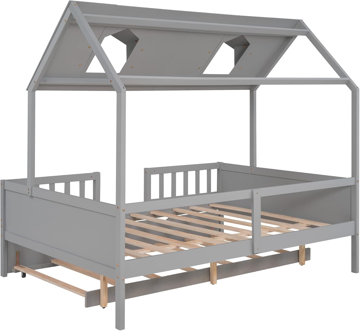 Petfu Double Bed Wood/Twin Bed, Ground Deck Bed/Cottage/Sofa Bed/Folding Roller Bed with Double Bed Castor, Double Bed Frame, with Safety Bar, for Children/Teenagers (Grey)