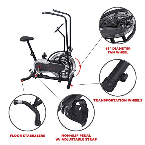Sunny Health & Fitness Air Bike Fan Exercise Bike with Digital Monitor, Full Motion Arm Exercisers, and Adjustable Seat