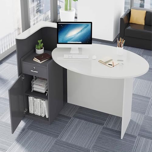  Reception Desk,Wooden Computer Desk Reception Table，White Oval Desktop & Brown Counter，Standing Front Table for Office, Home, School, Salon, Spa ( Color : Brown right , Size : 55*23.6*28.5in )