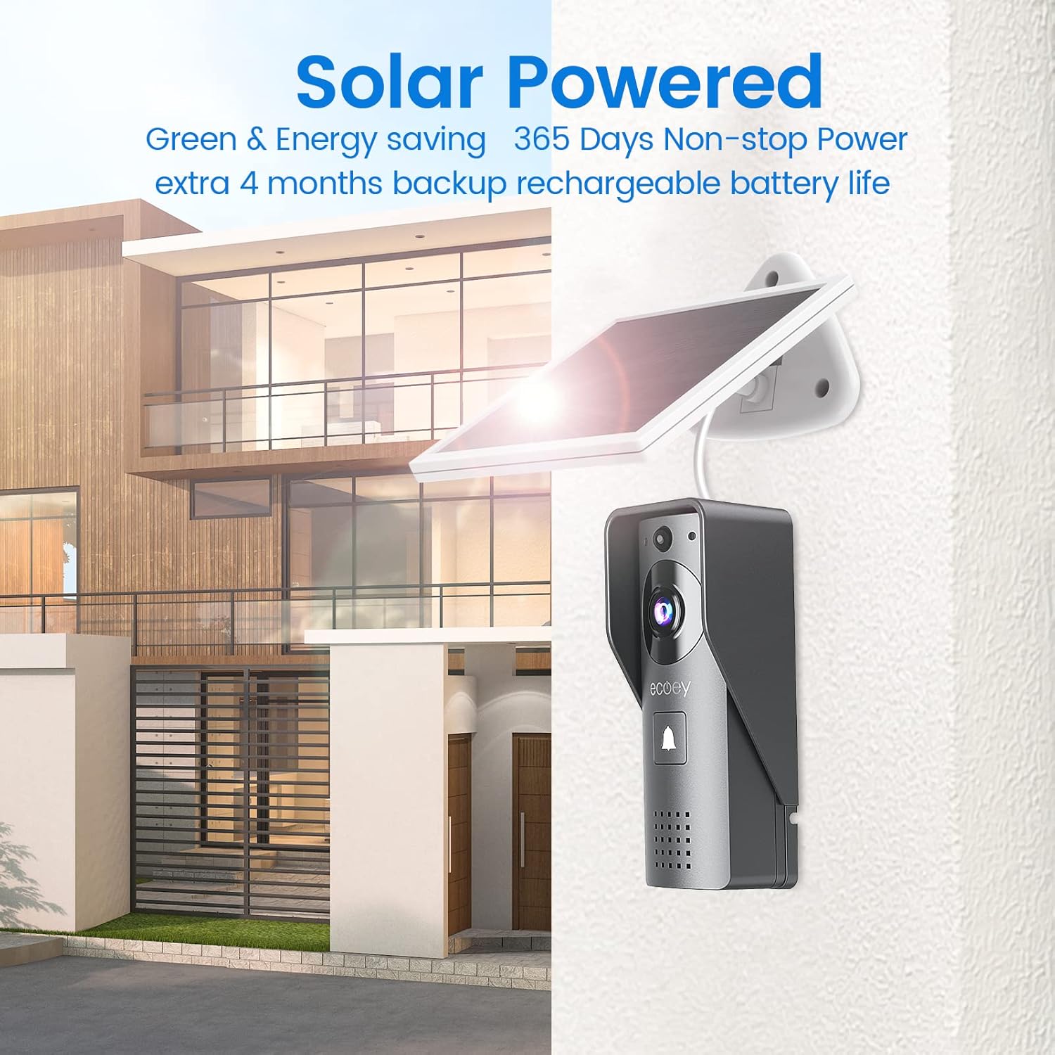 Ecoey Video Doorbell Camera, Smart Wi-Fi Doorbell Camera with Two-Way Audio, Video Doorbell with 1080P HD, PIR Motion Detection, Removable TF Card, Wireless Doorbell with Solar Energy, GW1002, 1PACK