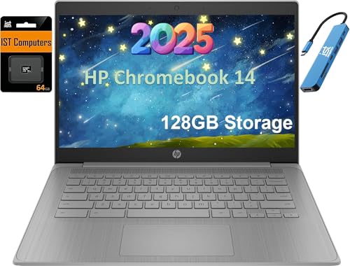 HP Chromebook 14 Laptop (14" HD, Intel 4-Core Celeron N4120, 4GB RAM, 64GB SSD, UHD Graphics 600) for Home & Student, Light Weight & 14-Hr Battery Life, Webcam, Wi-Fi, IST HUB, Chrome OS, Grey