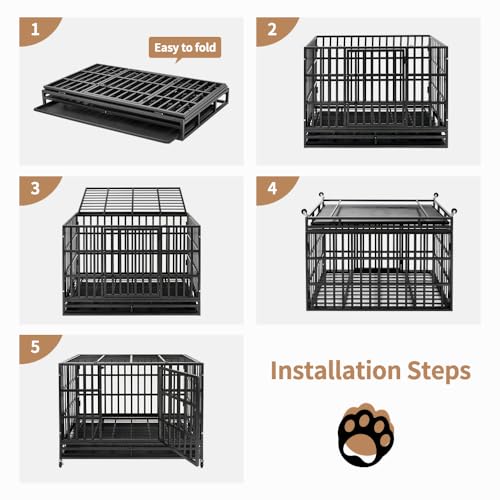 48 Inch Heavy Duty Indestructible Dog Crate Steel Escape Proof, Indoor Double Door High Anxiety Cage, Kennel with Wheels, Removable Tray, Extra Large XL XXL