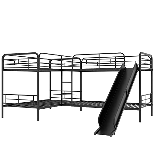Triple Bunk Metal Beds,Can Be Separated into 3 Twin Beds with Headboards,Twin Over Twin/Twin Bunk Bed-Black
