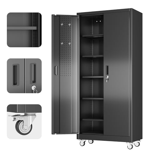 Aobabo 73''H Metal Garage Storage Cabinet with Wheels and Pegboards, 4 Adjustable Shelves Steel Storage Cabinets for Home,Warehouse,Garage,Assembly Required,White