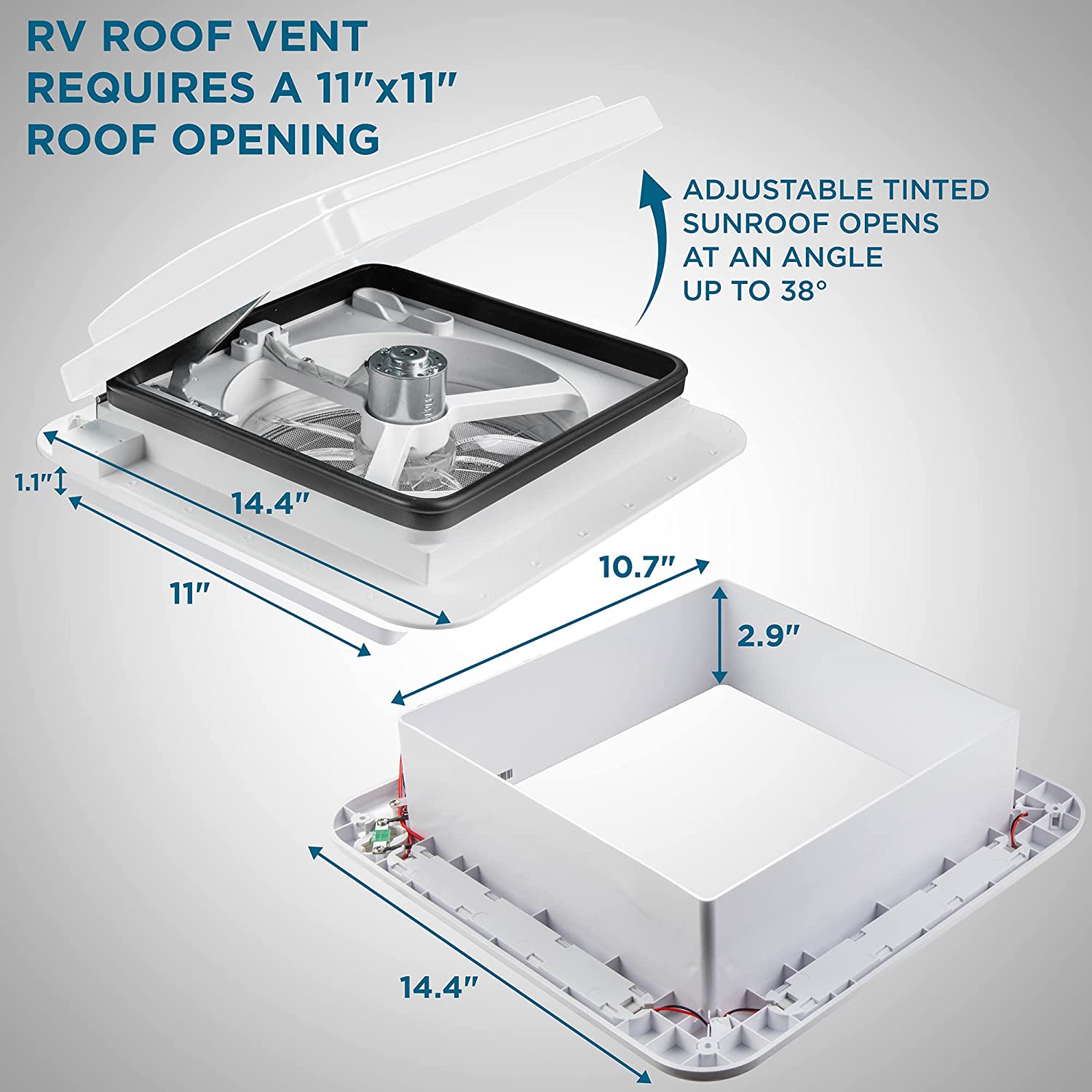 Hike Crew 11” RV Roof Vent Fan with LED Light | 12V Motorhome Vent Fan | Intake & Exhaust, Manual Open/Close & White Lid | Includes Screws & Garnish