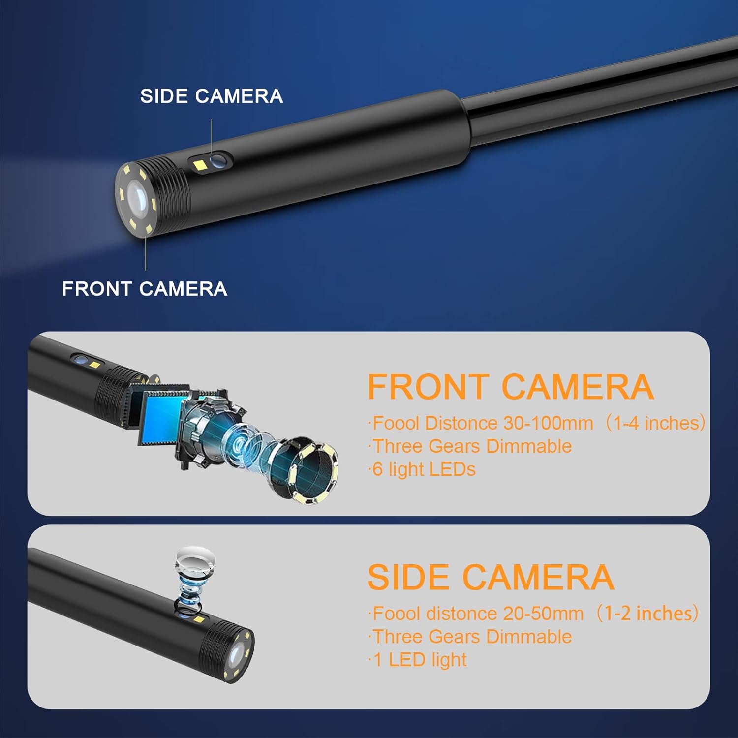 Dual Lens Snake Inspection Camera 5 inch Enoscope with Light 1080P Automotive Borescope Waterproof 16.5ft Flexible Probe for Home Wall with 7 LEDs, 3000mAh, Flashlight, 32GB, Zoom