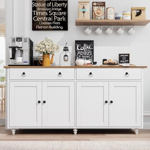 4 EVER WINNER Buffet Cabinet with Storage, 55" Sideboard Buffet Cabinet with 2 Drawers and 4 Doors, Modern Farmhouse Coffee Bar Cabinets, Wood Buffet Table for Kitchen, Dining Room, White