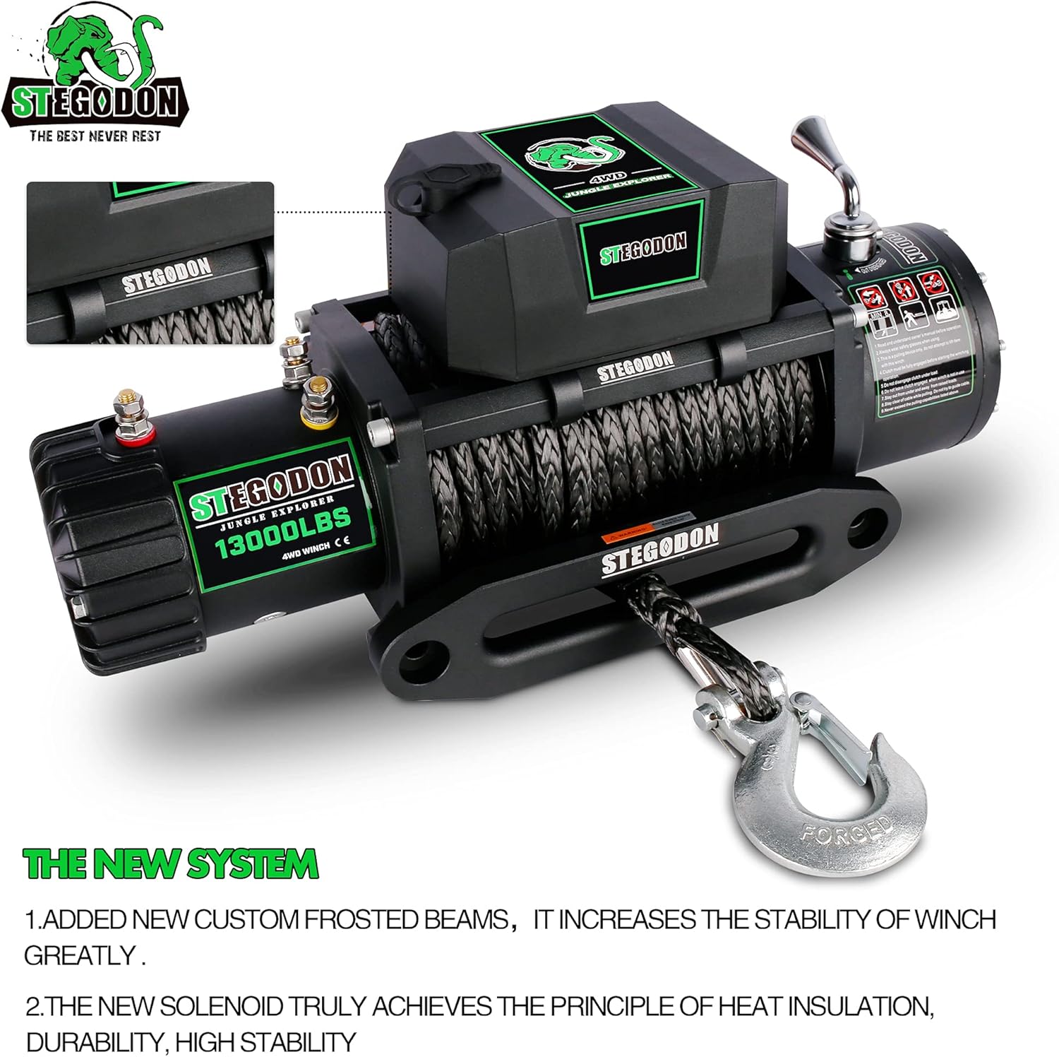STEGODON New 13000 lb. Load Capacity Electric Winch T3,12V Synthetic Rope Electric Winch with Hawse Fairlead,Waterproof IP67 Winch with Wireless Handheld Remotes and Wired Handle(All Black)