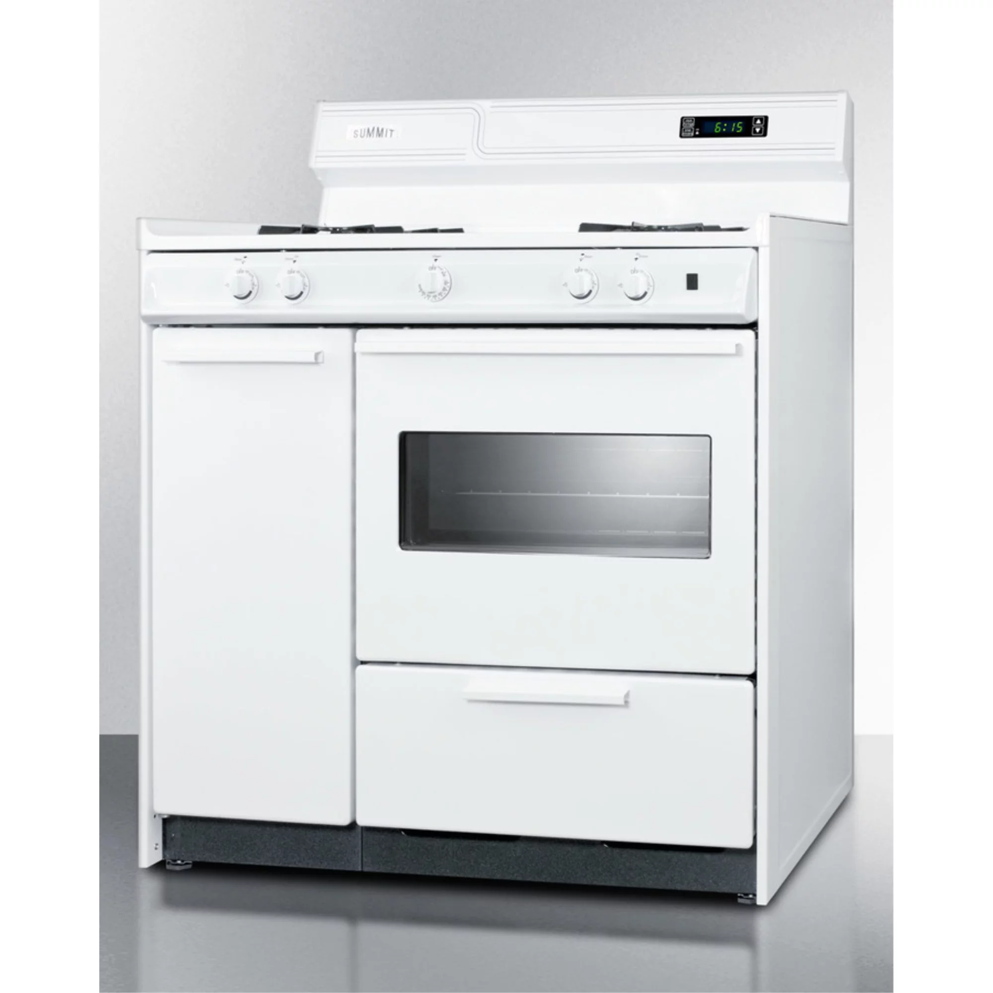 36" wide gas range in white with open burners, storage compartment, oven window, high backguard, and spark ignition