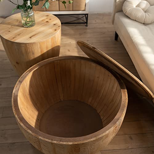31.50" Round Drum Coffee Table - Round Wood Coffee Table with Bucket Shaped and Vintage Style, Unique Coffee Table with Storage Function, Circular Coffee Tables for Living Room (Brown)