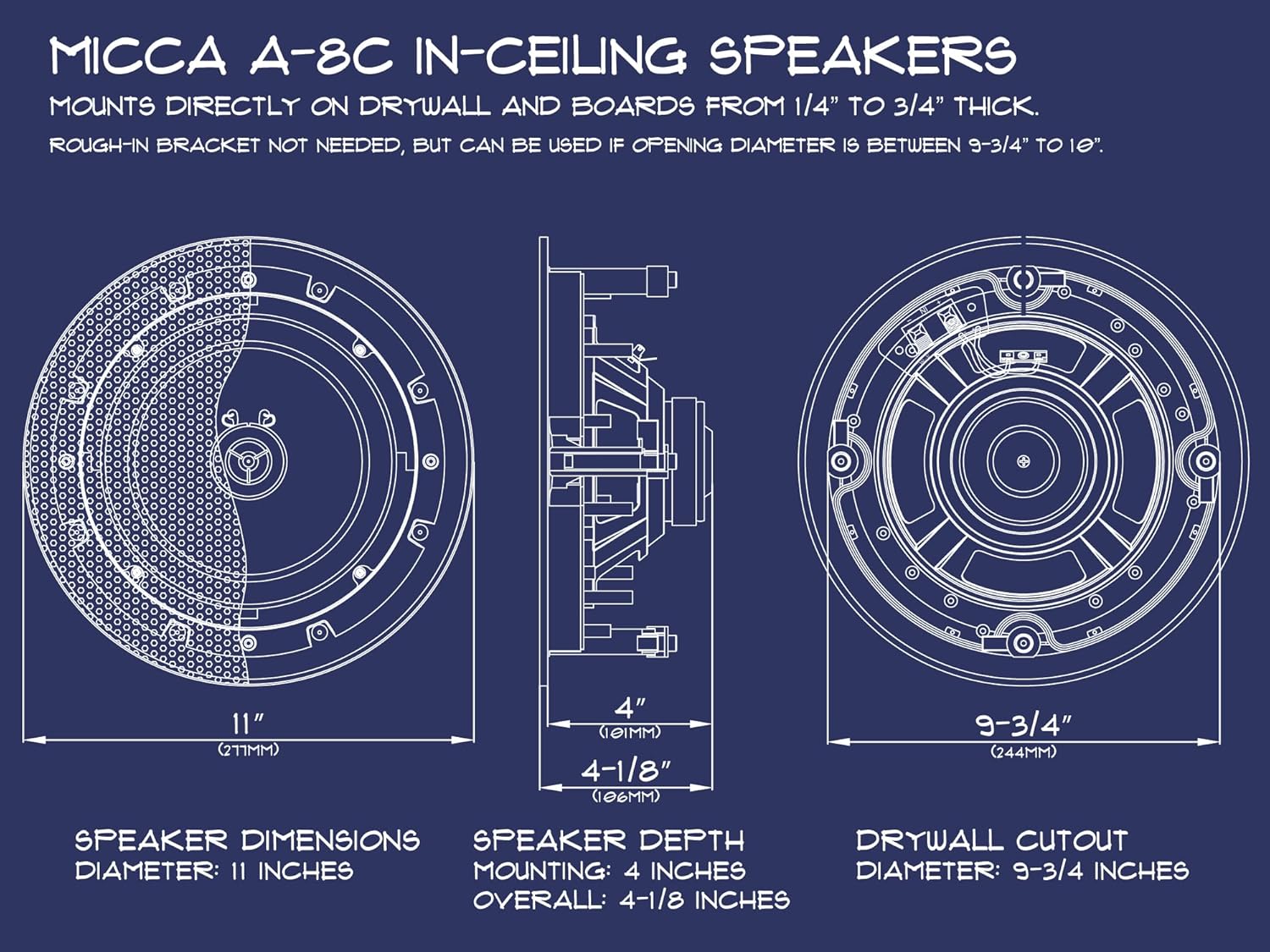 Micca 8 2-Way in Ceiling or Wall Round Speakers, 4 Pack, 8 Inch Woofer, 9.75 Cutout Diameter, Low Profile Rimless Design, for Indoor Rooms or Covered Outdoor Porches, White, Paintable