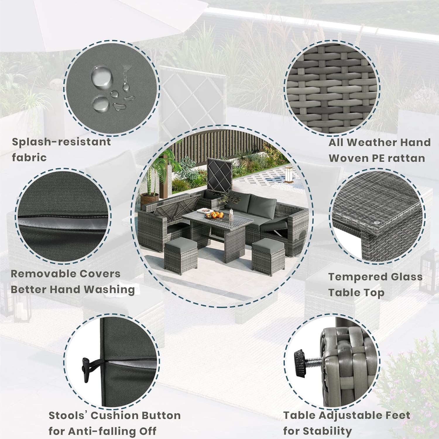 Outdoor 6-Piece All Weather PE Rattan Sofa Set, Garden Patio Wicker Sectional Furniture Set with Adjustable Seat, Storage Box, Removable Covers and Tempered Glass Top Table,Grey