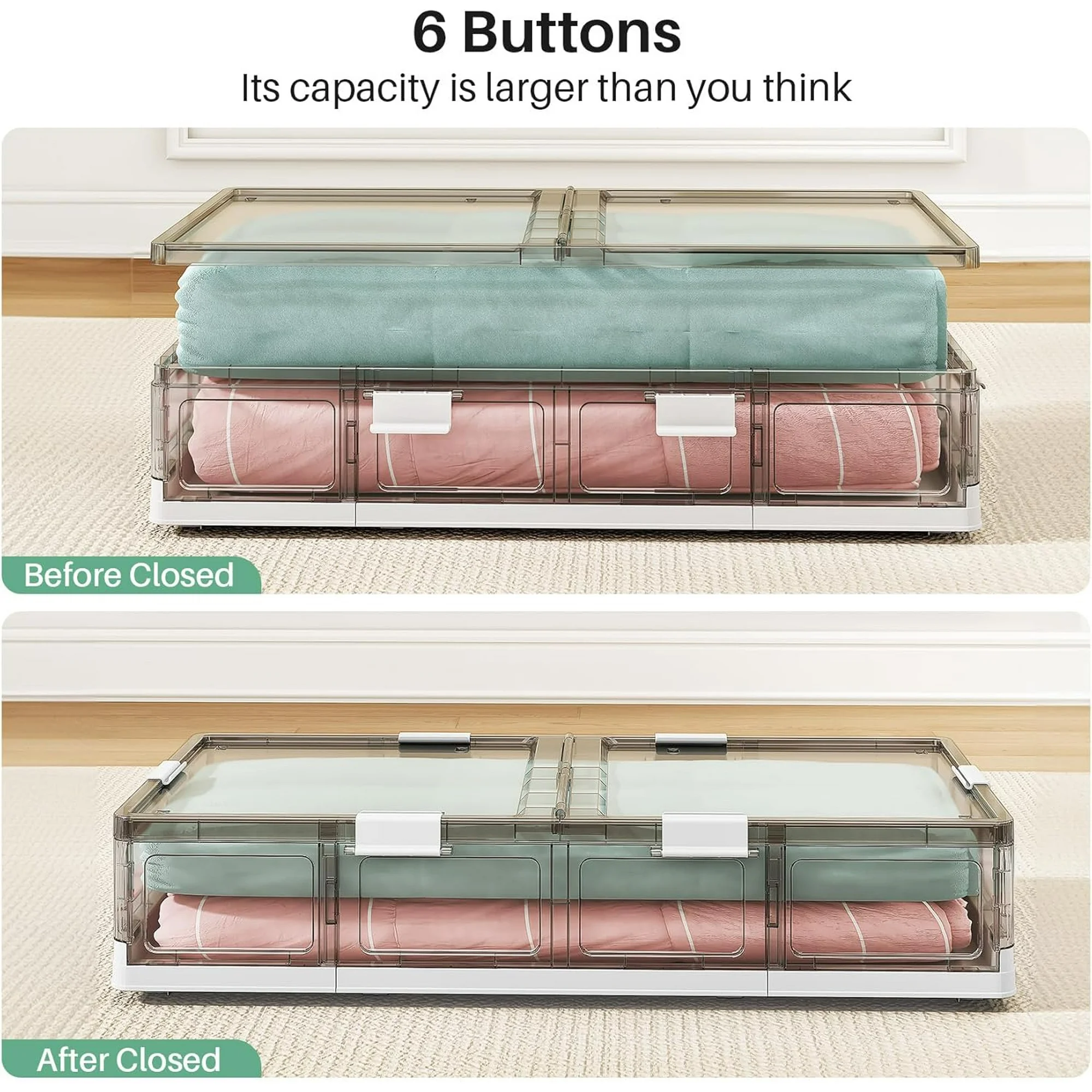 Plastic Under Bed Storage Containers,2 Pack Underbed Storage with Wheels,Foldable and Stackable Under Bed Organizer,Moisture and Dust-proof Storage Boxes for Clothes Shoes,13.6 Gal