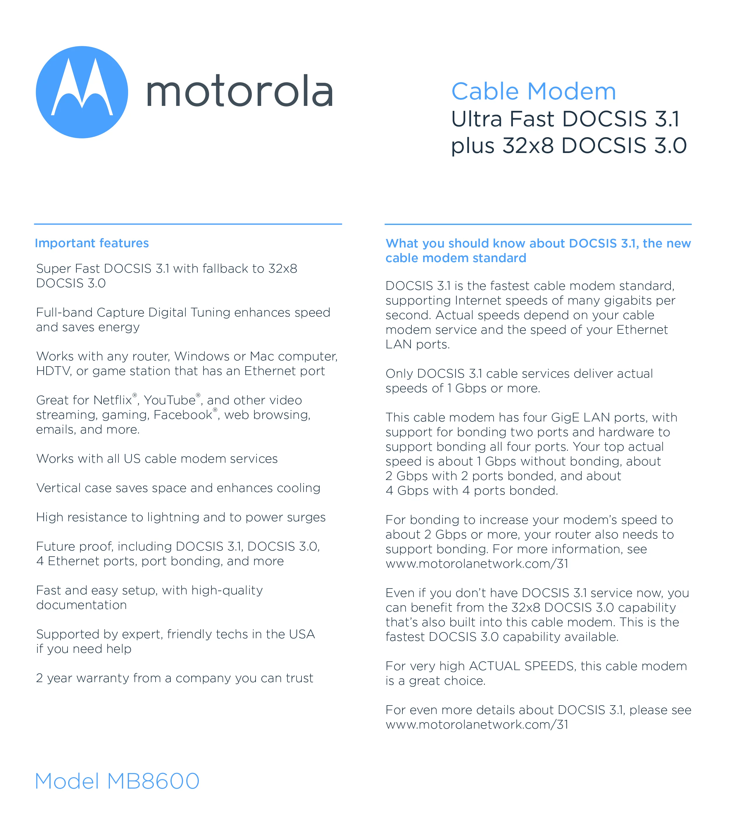 Motorola MB8600 DOCSIS 3.1 Ultra-High Speed Cable Modem | Approved for Xfinity by Comcast, Spectrum, Cox | Supports Cable Plans up to 1000 Mbps