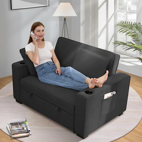 52" Convertible Sofa Bed, 3-in-1 Sleeper Sofa Pull-Out Bed, Multi-Functional Corduroy Futon Couch with Adjustable Backrest and Cup Holders, Loveseat Sofa for Small Space, Living Room, Black