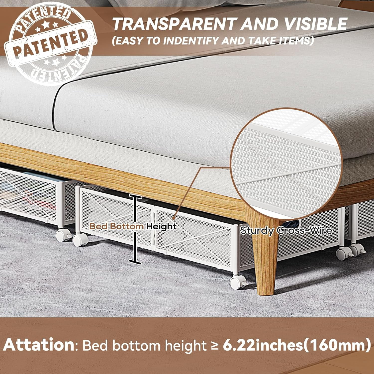 Under Bed Storage Containers with Wheels, Under Bed Shoe Storage Organizer Drawer, Tool-free Assembly Metal Storage Containers for Bedroom Clothes Shoes Blankets -2PCK