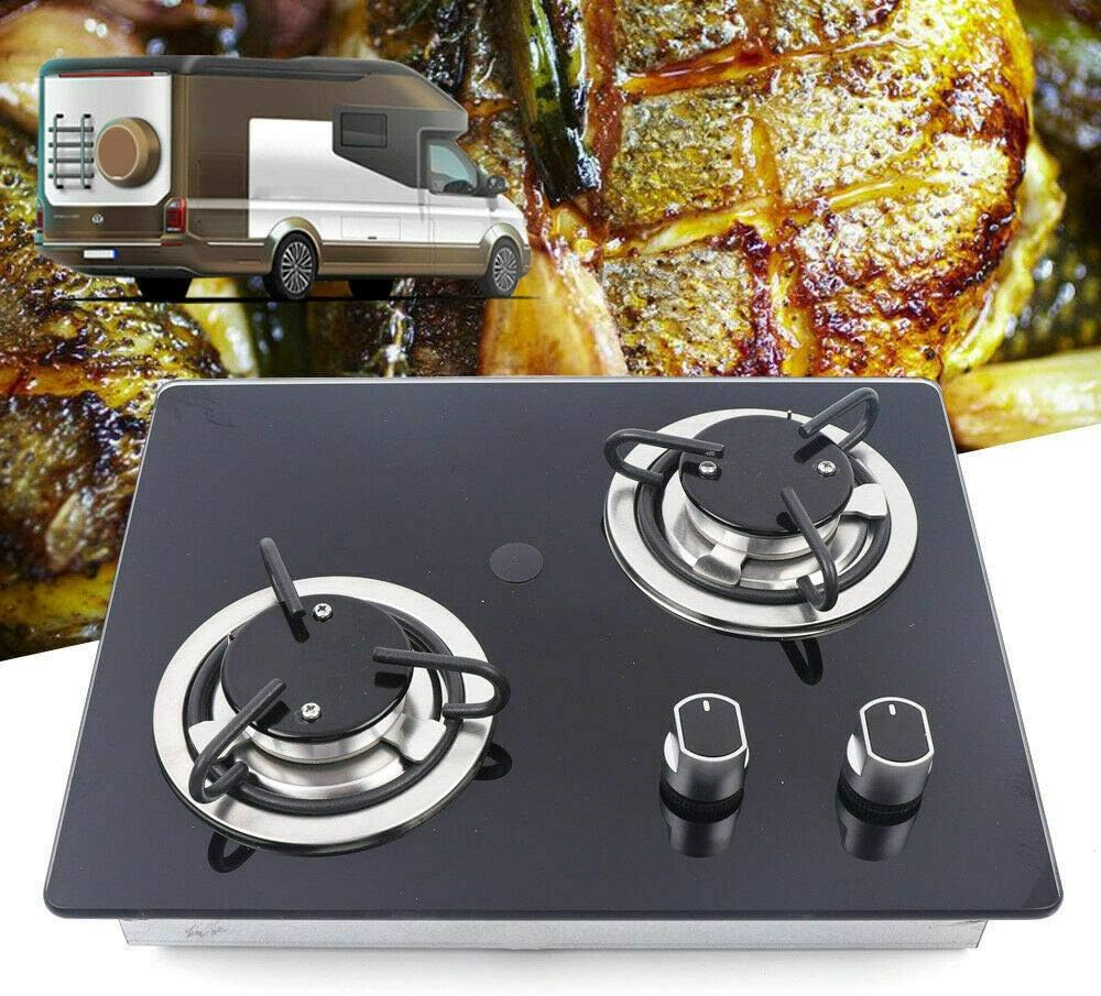 15 inch Black Tempered Glass Panel Built-in LPG Gas Hob Cooktop Portable Gas Cooktop LPG Gas Stove Countertop Dual Fuel Cooktops Gas Cooker for RV Camper Caravan Outdoor Apartments (2 Burners)