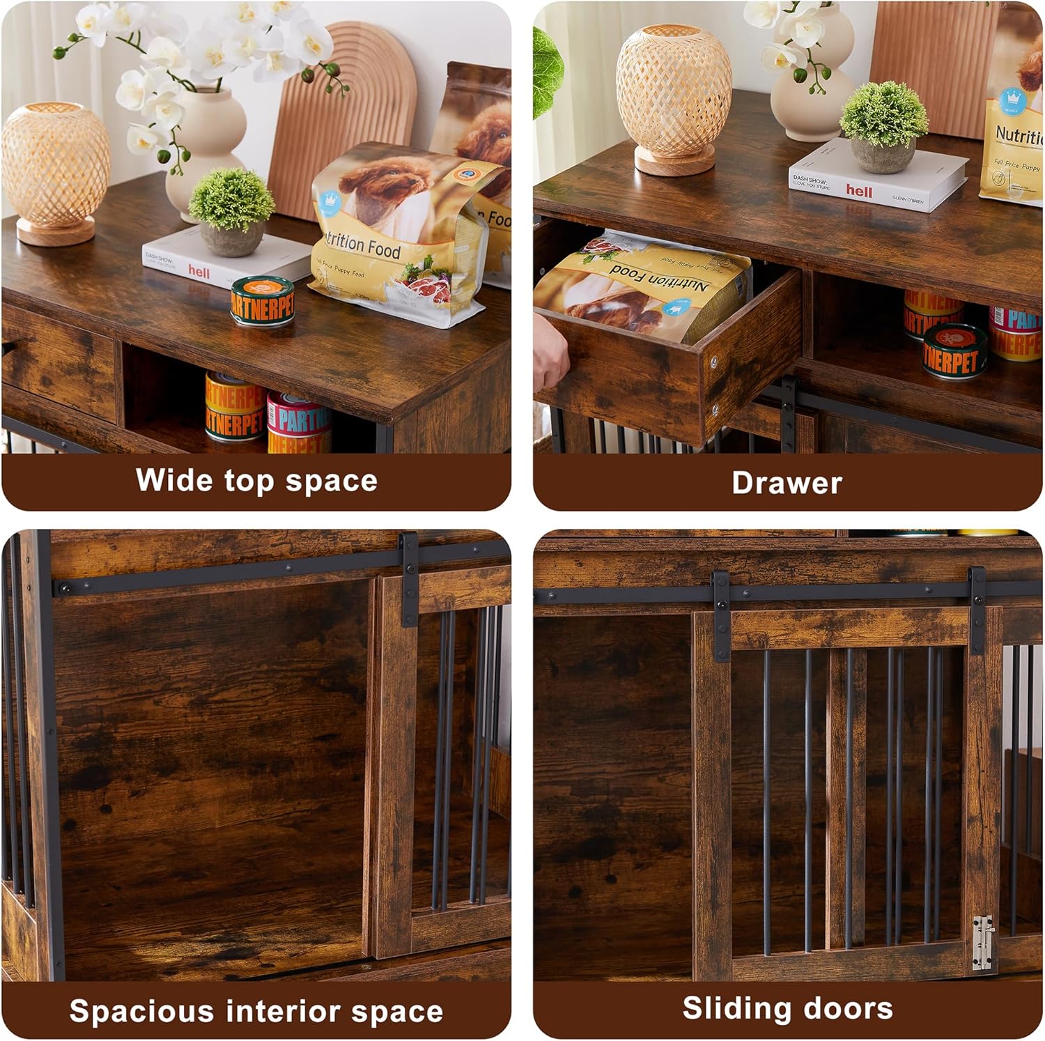 35.4 Inch Furniture Style Dog Crate with Sliding Barn Door and Storage Drawers, Wooden Dog Cage Furniture End Side Table, Chew-Resistant, Rustic Brown, 35.4" W x 23.6" D x 33.5" H