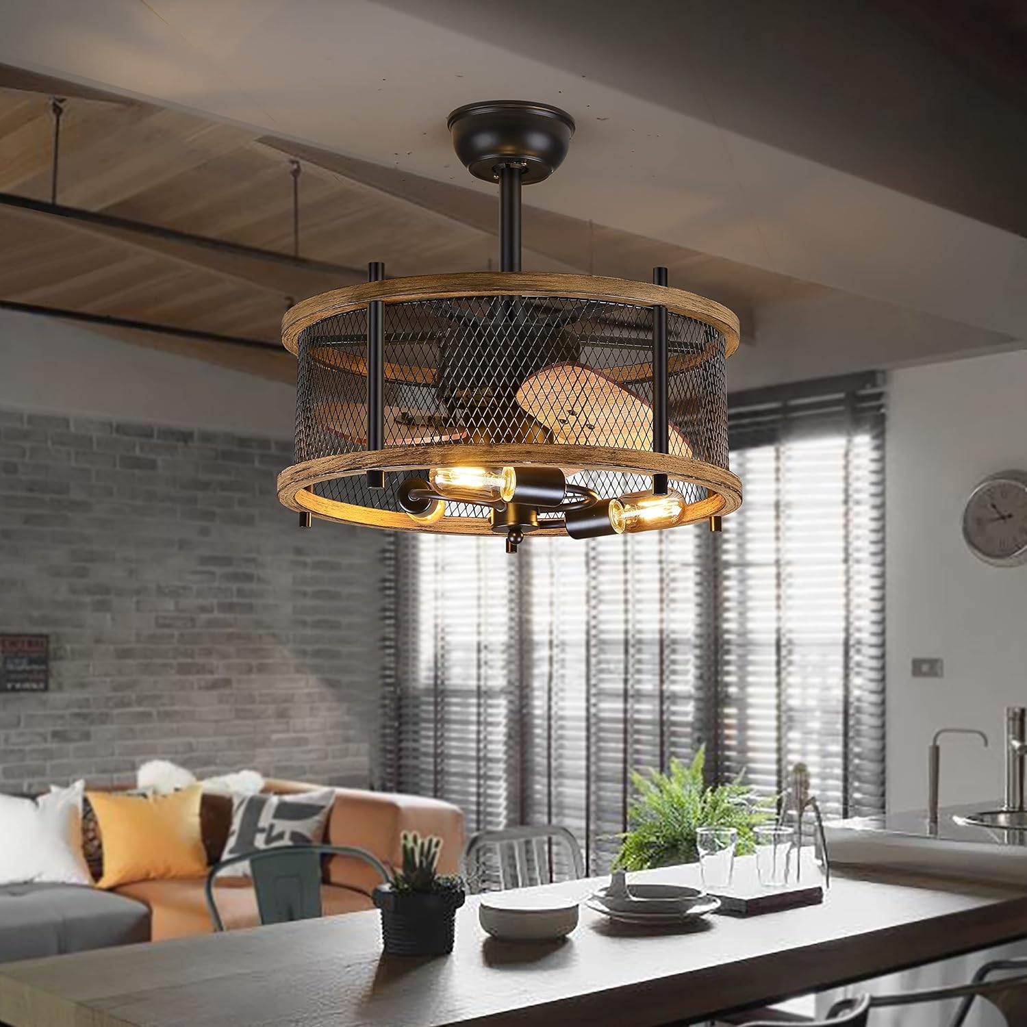 20-inch Industrial Caged Ceiling Fan with Lights Remote Control, Reversible,Modern Enclosed Bladeless Ceiling Fan Indoor, Rustic Vintage Metal Cage Fandelier Ceiling Fan (Mesh,Bulbs Included)