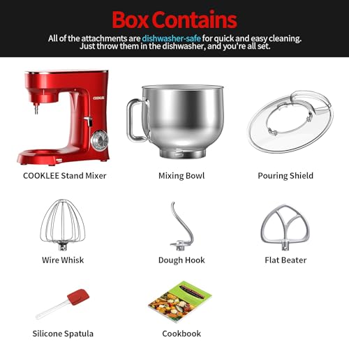 COOKLEE Stand Mixer, 9.5 Qt. 660W Electric Kitchen Mixer with Dishwasher-Safe Dough Hooks, Flat Beaters, Wire Whip & Pouring Shield Attachments for Most Home Cooks, Silver