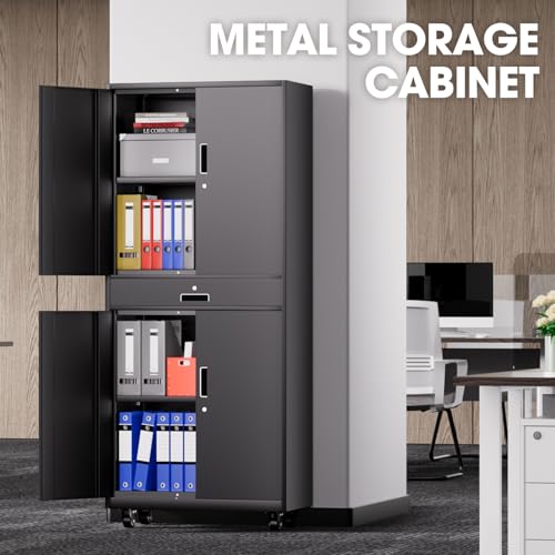 DNA MOTORING 71'' Metal Storage Cabinet, Locking Tool Cabinet with 1 Drawer and Adjustable Shelves, Lockable Heavy Duty Metal Locker for Garage,Office,Home,Gym, Gray, TOOLS-00629-GY-GY-A