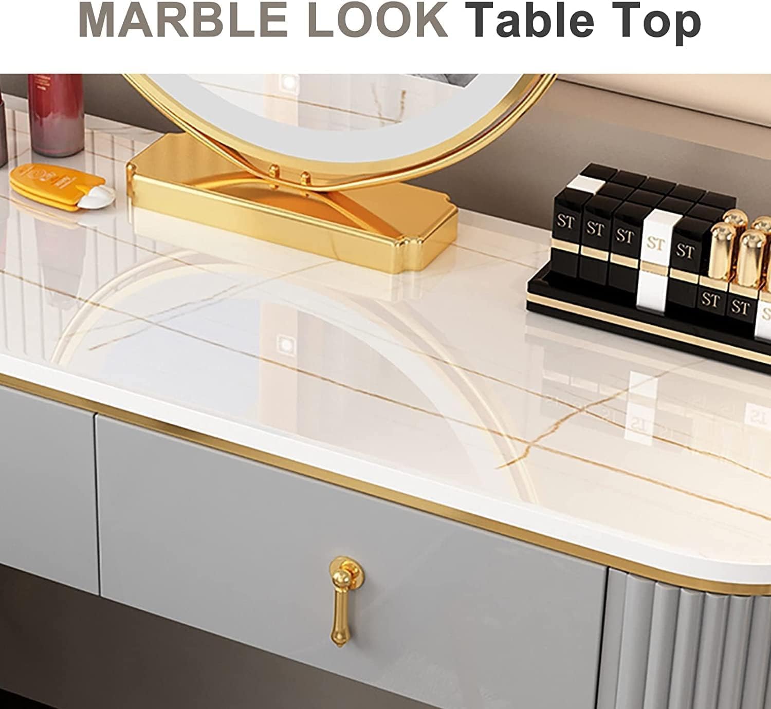 Vanity Table Vanity Desk Modern Vanity Desk with Mirror Dressing Table 5 Drawers Nightstand with Stainless Steel Legs Vanity Table with Back Chair Gorgeous