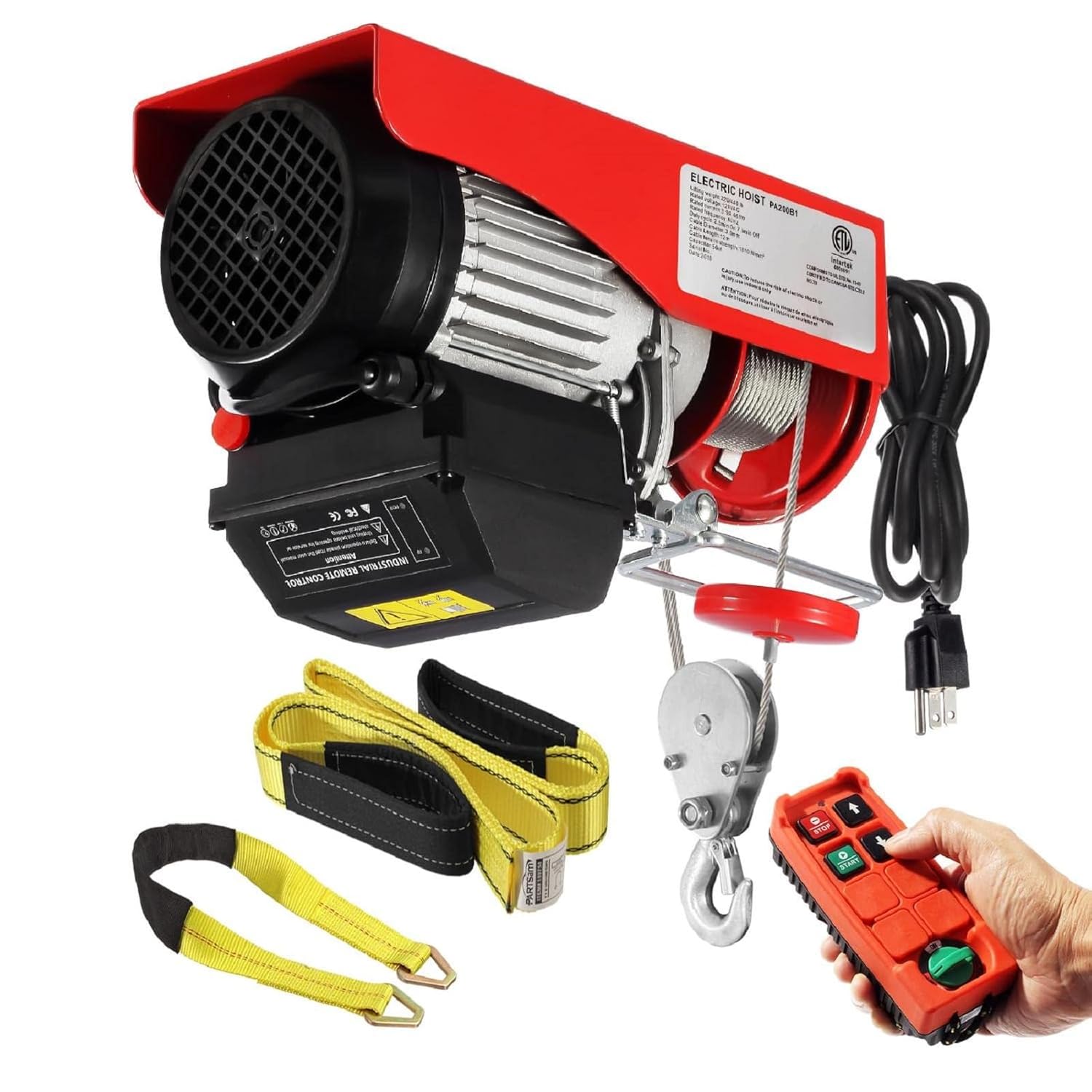 Partsam 440lbs Electric Cable Hoist Wireless Remote Control 120V Overhead Winch w Towing Strap Sling 38ft Lifting Height