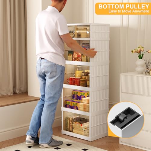 Collapsible Storage Bins with Wheels, 108 Gal Foldable Closet Organizers and Storage, Plastic Storage Cabinet with Door, 5 Tier Storage Containers for Kitchen Office Bedroom, White
