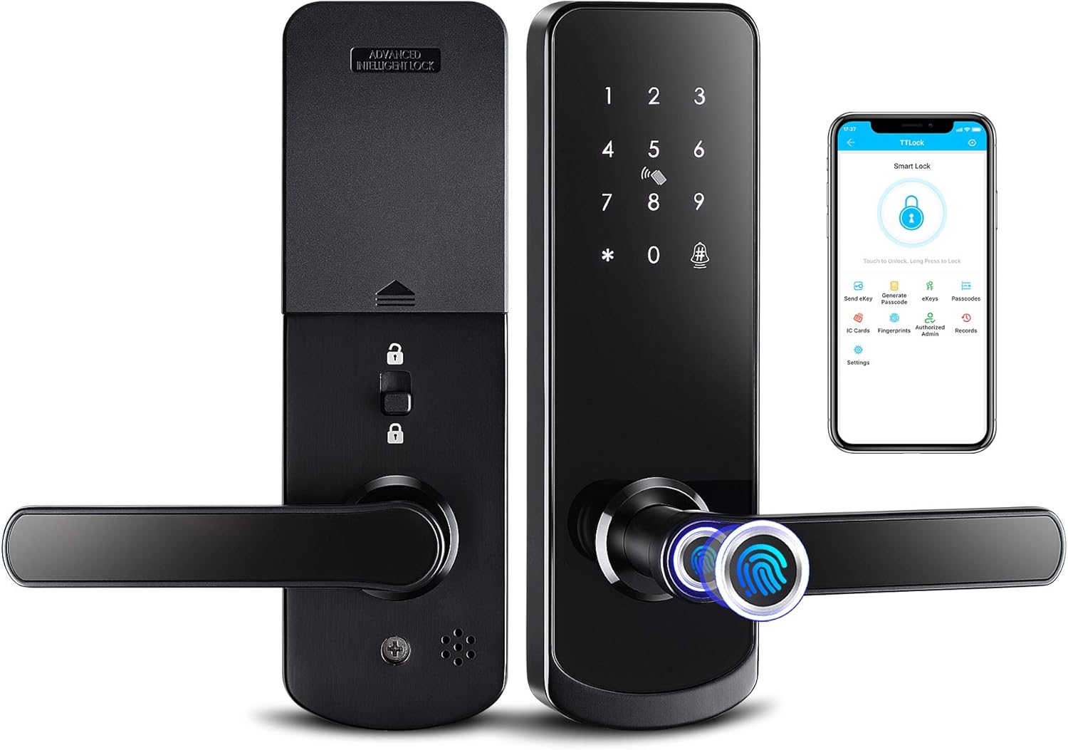 Smart Lock,Smart Lock Front Door with Handle Keyless Door Lock with Keypad,Smart Door Lock TT Lock App digital Wifi Remote Conter Card Key Fingerprint Door Lock for Office Home Airbnb(YRHAND NX1 Plus)
