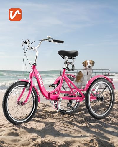 Viribus Folding Adult Tricycle 7 Speed, 20 inch Folding Tricycle for Adults with Dual Chain, 3 Wheel Bike with Lock, Foldable Trike Collapsible Three Wheel Bike Women Senior, 330lb. Deep Pink