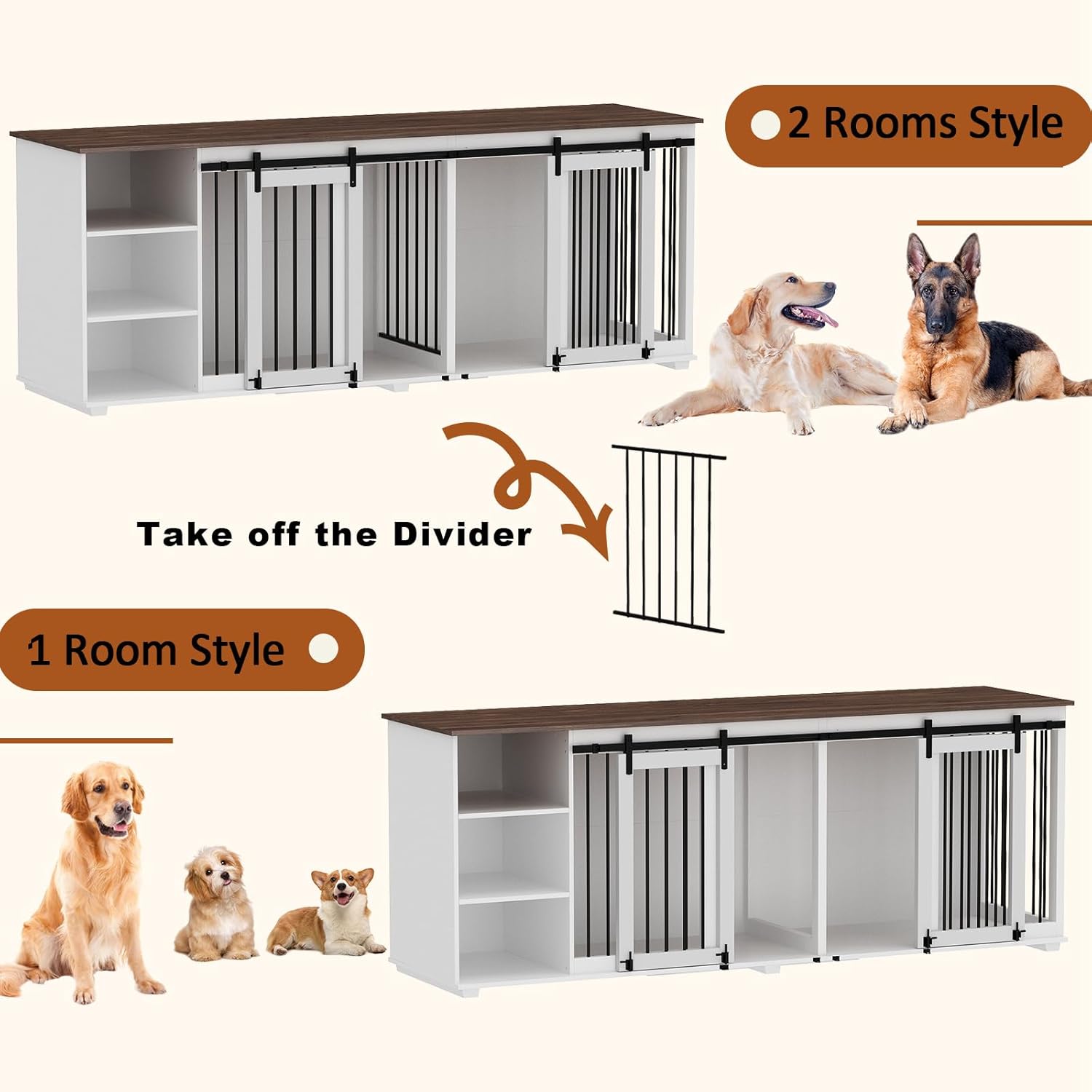 Large Dog Crate Furniture, 86.6" Wooden Dog Kennel for 2 Dogs with Shelves,Divider & Slidding Door, Indoor Heavy Duty Furniture Style Dog House w/Double Rooms for Large Medium Dogs, White