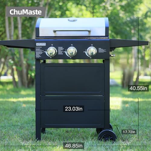 Grill. 3 burner gas grill, Propane Grill, bbq grill with thermometer, gas grill outdoor for small gatherings, 30000 BTU barbecue grill with Foldable Rack.
