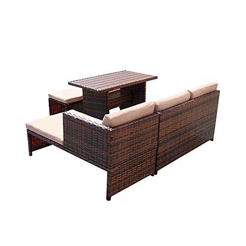 5 Pieces Patio All Weather Rattan Wicker Sectional Dining Sets with Poly Wood Table, Outdoor Furniture Cushioned Sofa Sets with Ottomans and Lounge Sofa (Light Gray Wicker + Dark Gray Cushion)