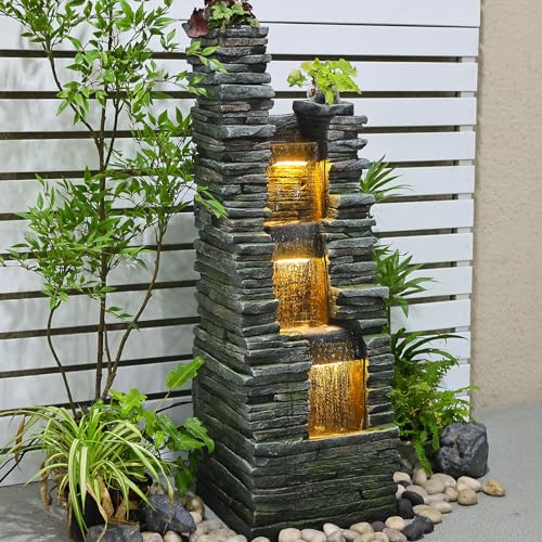 Water Fountain Outdoor Indoor - Modern Waterfall Garden Freestanding Fountain Curved Surface Artistry Design with LED Lights and Light Strip for Home Decor Patio Yard Pool,37.4 inches Tall