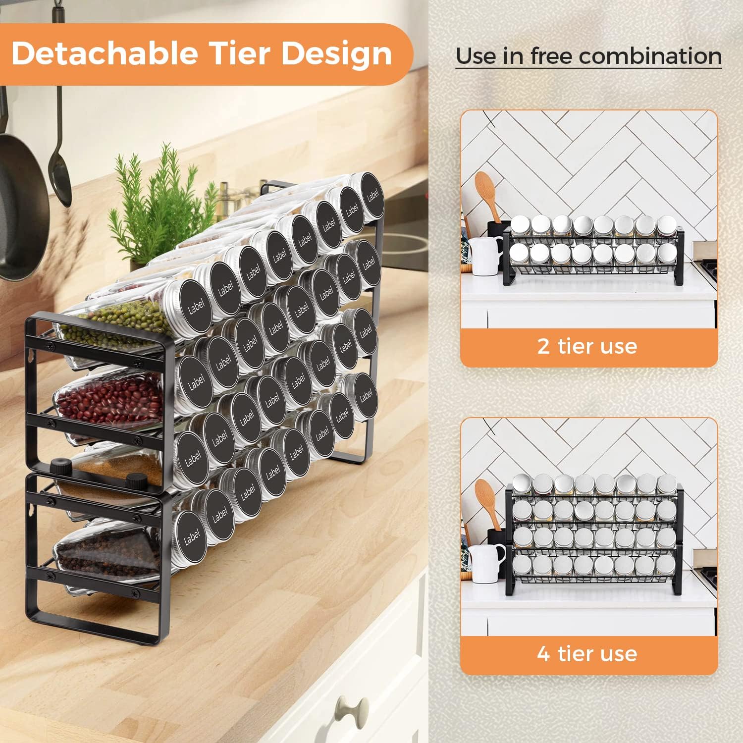 JONYJ Spice Rack Organizer for Cabinet, 4-tier Spice Organizer, Expandable Seasoning Organizer, Stackable Spice Rack Wall Mount, Black Frosted Iron Countertop Spice Rack for Drawer