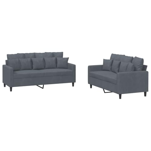 vidaXL 2-Piece Dark Gray Velvet Sofa Set with Thick Padded Seats and Back Pillows - Modern Design for Living Room Furniture
